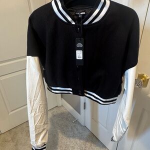 Fashion Nova Varsity Jacket in Black and Cream